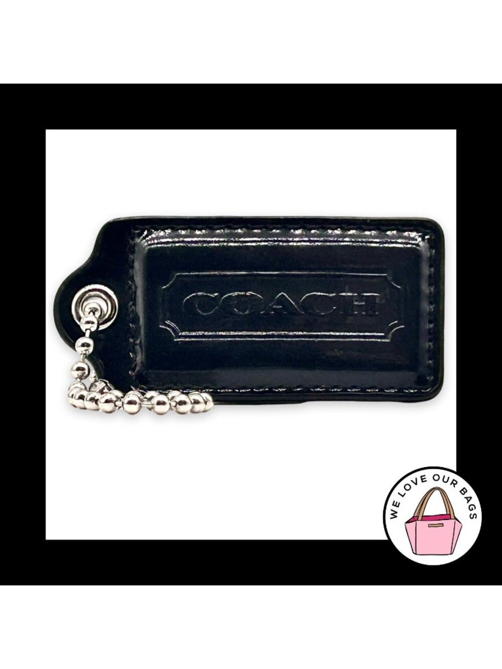 COACH HANG TAG 2.5" Black Patent Leather Bag Charm Keychain Fob Nickel Large